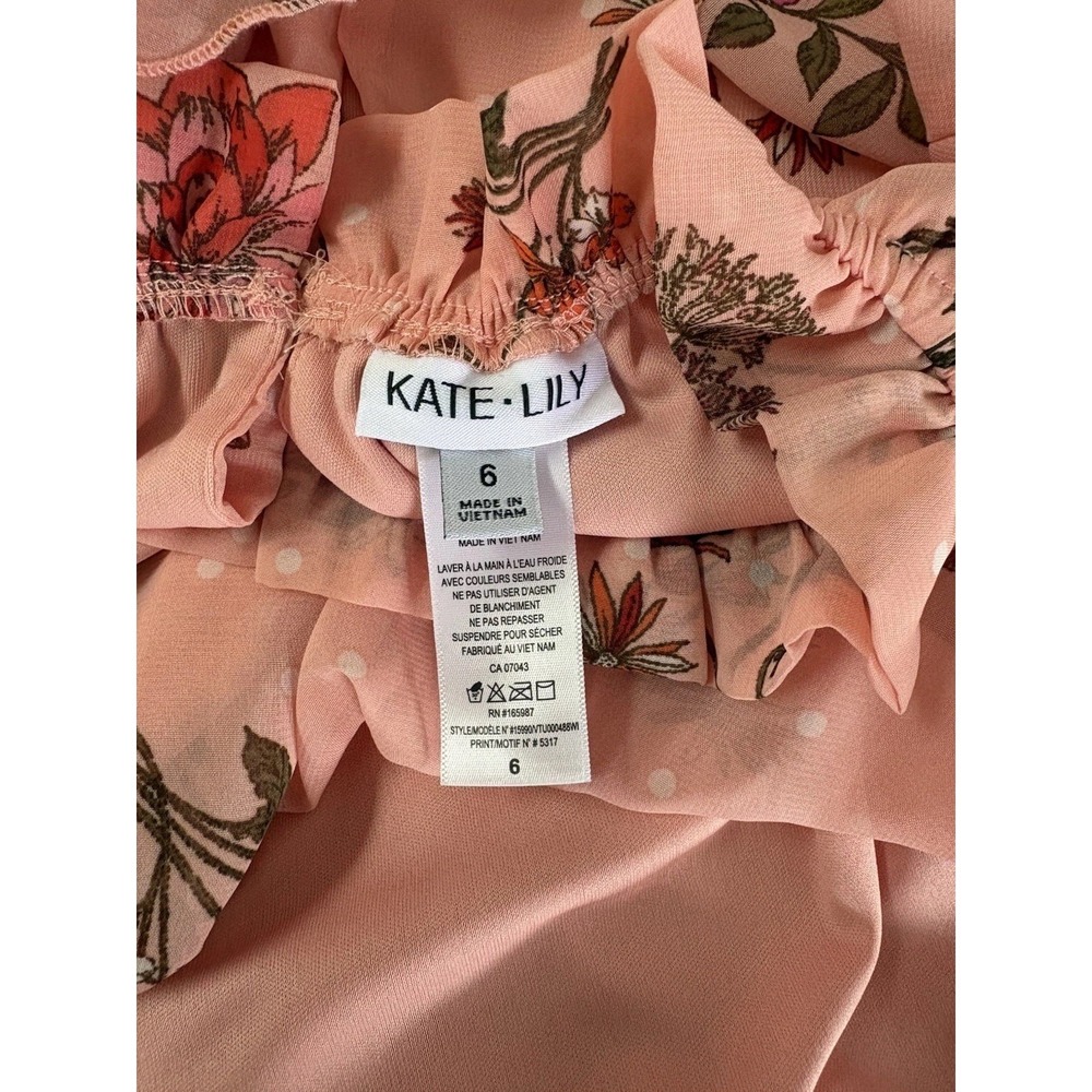 Kate • Lily Cottagecore Pink Floral Midi Dress 6 Ruffle Neck Flutter Sleeve Boho - Picture 6 of 13